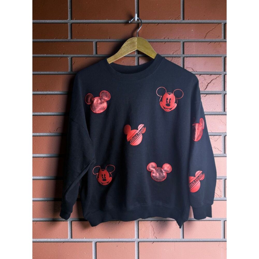 Disney Mickey Mouse All Over Print Black Crewneck Sweatshirt Red Foil Large